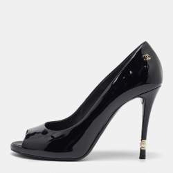 Pre Owned Chanel Black  Patent Leather CC Pearl Embellished Peep Toe Pumps Size 38
