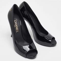 Pre Owned Chanel Black  Patent Leather CC Pearl Embellished Peep Toe Pumps Size 38