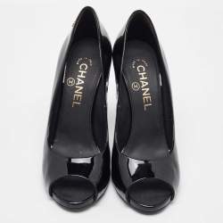 Pre Owned Chanel Black  Patent Leather CC Pearl Embellished Peep Toe Pumps Size 38