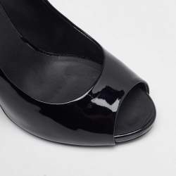 Pre Owned Chanel Black  Patent Leather CC Pearl Embellished Peep Toe Pumps Size 38