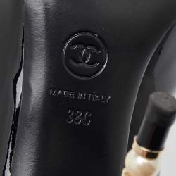 Pre Owned Chanel Black  Patent Leather CC Pearl Embellished Peep Toe Pumps Size 38