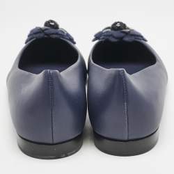 Pre Owned Chanel Navy Blue Leather CC Camellia Ballet Flats Size 38