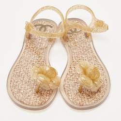 Chanel Gold Glitter Jelly Camellia Flower Flat Sandals Size 37