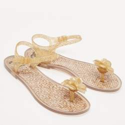 Chanel Gold Glitter Jelly Camellia Flower Flat Sandals Size 37