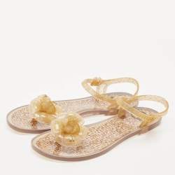Chanel Gold Glitter Jelly Camellia Flower Flat Sandals Size 37