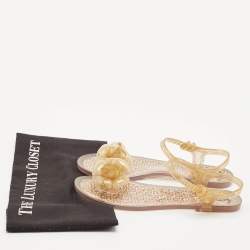 Chanel Gold Glitter Jelly Camellia Flower Flat Sandals Size 37