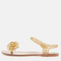 Chanel Gold Glitter Jelly Camellia Flower Flat Sandals Size 37