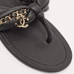 Chanel Black  Braided Leather Chain Detail Flat Thong Sandals Size 38
