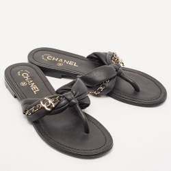 Chanel Black  Braided Leather Chain Detail Flat Thong Sandals Size 38