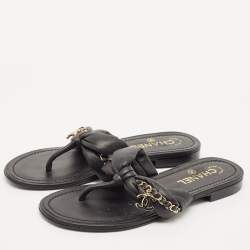 Chanel Black  Braided Leather Chain Detail Flat Thong Sandals Size 38