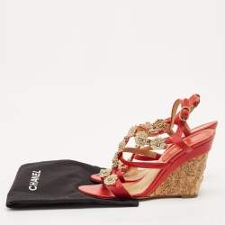 Chanel Red Leather Floral Metal CC Cork Wedge Sandals Size 38