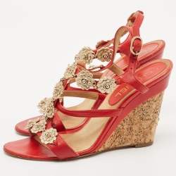 Chanel Red Leather Floral Metal CC Cork Wedge Sandals Size 38
