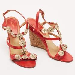 Chanel Red Leather Floral Metal CC Cork Wedge Sandals Size 38
