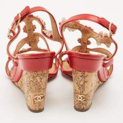 Chanel Red Leather Floral Metal CC Cork Wedge Sandals Size 38