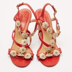 Chanel Red Leather Floral Metal CC Cork Wedge Sandals Size 38