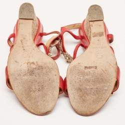 Chanel Red Leather Floral Metal CC Cork Wedge Sandals Size 38