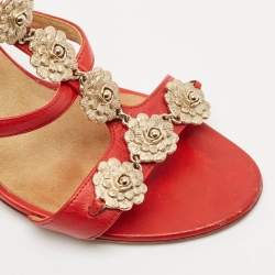 Chanel Red Leather Floral Metal CC Cork Wedge Sandals Size 38