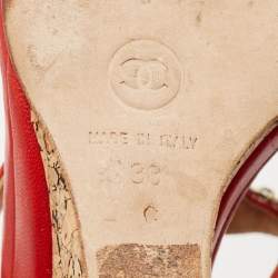 Chanel Red Leather Floral Metal CC Cork Wedge Sandals Size 38