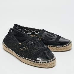 Chanel Black Mesh and Patent Leather CC Espadrille Flats Size 38