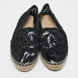 Chanel Black Mesh and Patent Leather CC Espadrille Flats Size 38