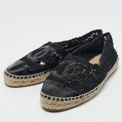Chanel Black Mesh and Patent Leather CC Espadrille Flats Size 38