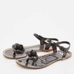 Pre Owned Chanel Black Jelly Camellia Flower Flat Sandals Size 38