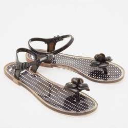 Pre Owned Chanel Black Jelly Camellia Flower Flat Sandals Size 38