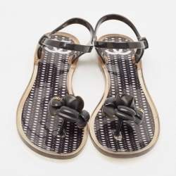 Pre Owned Chanel Black Jelly Camellia Flower Flat Sandals Size 38