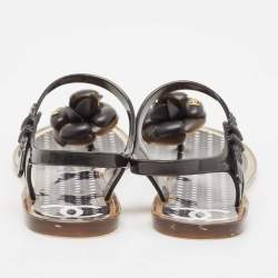 Pre Owned Chanel Black Jelly Camellia Flower Flat Sandals Size 38