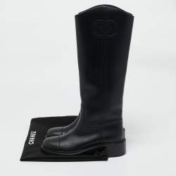 Chanel Black Calf Leather Knee Length Boots Size 38.5