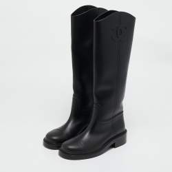 Chanel Black Calf Leather Knee Length Boots Size 38.5