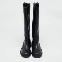 Chanel Black Calf Leather Knee Length Boots Size 38.5