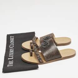 Chanel Brown Textured Leather Chain Link CC Toe Ring Slides Size 36
