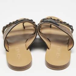 Chanel Brown Textured Leather Chain Link CC Toe Ring Slides Size 36