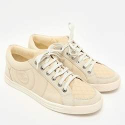 Pre Owned Chanel Beige Canvas and Suede CC Low Top Sneakers Size 38