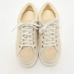 Pre Owned Chanel Beige Canvas and Suede CC Low Top Sneakers Size 38