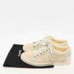 Pre Owned Chanel Beige Canvas and Suede CC Low Top Sneakers Size 38