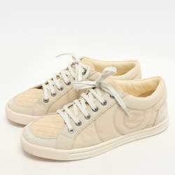 Pre Owned Chanel Beige Canvas and Suede CC Low Top Sneakers Size 38