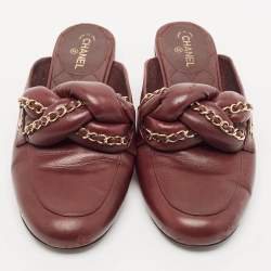 Pre Owned Chanel Burgundy Leather Braided Chain Flat Mules Size 38