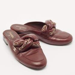 Pre Owned Chanel Burgundy Leather Braided Chain Flat Mules Size 38