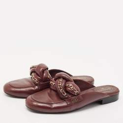 Pre Owned Chanel Burgundy Leather Braided Chain Flat Mules Size 38