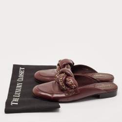 Pre Owned Chanel Burgundy Leather Braided Chain Flat Mules Size 38