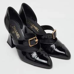 Chanel Black Patent Leather Mary Jane Buckle D'orsay Pumps Size 39