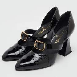 Chanel Black Patent Leather Mary Jane Buckle D'orsay Pumps Size 39