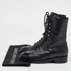 Chanel Black Metallic Leather CC Cap Toe Lace Up Combat Boots Size 38.5