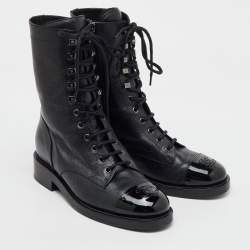 Chanel Black Metallic Leather CC Cap Toe Lace Up Combat Boots Size 38.5