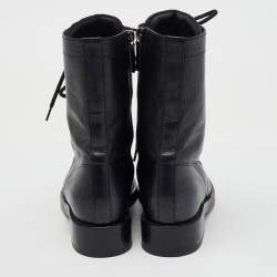 Chanel Black Metallic Leather CC Cap Toe Lace Up Combat Boots Size 38.5