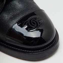 Chanel Black Metallic Leather CC Cap Toe Lace Up Combat Boots Size 38.5