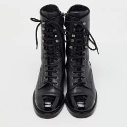 Chanel Black Metallic Leather CC Cap Toe Lace Up Combat Boots Size 38.5