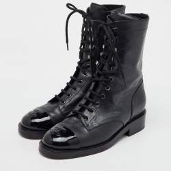 Chanel Black Metallic Leather CC Cap Toe Lace Up Combat Boots Size 38.5